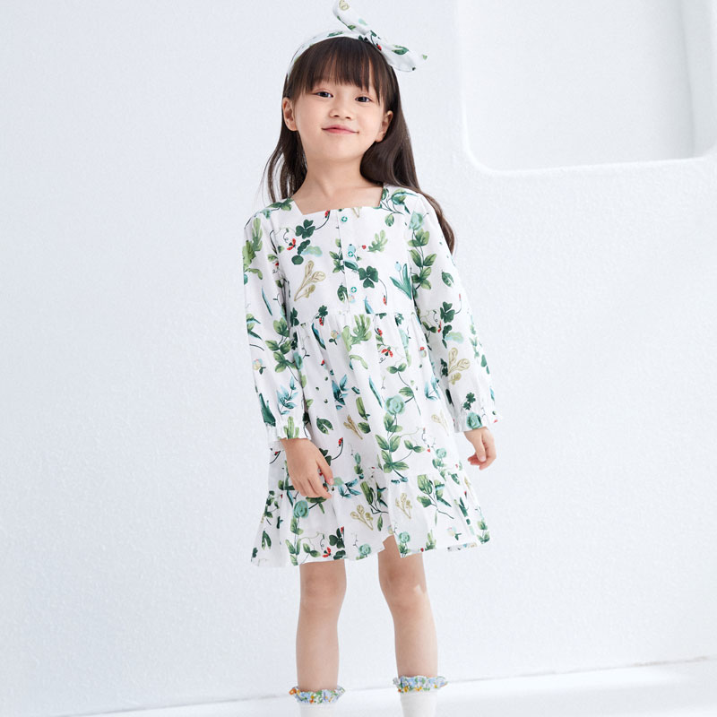 女童梭織長袖連衣裙,春意園丁
